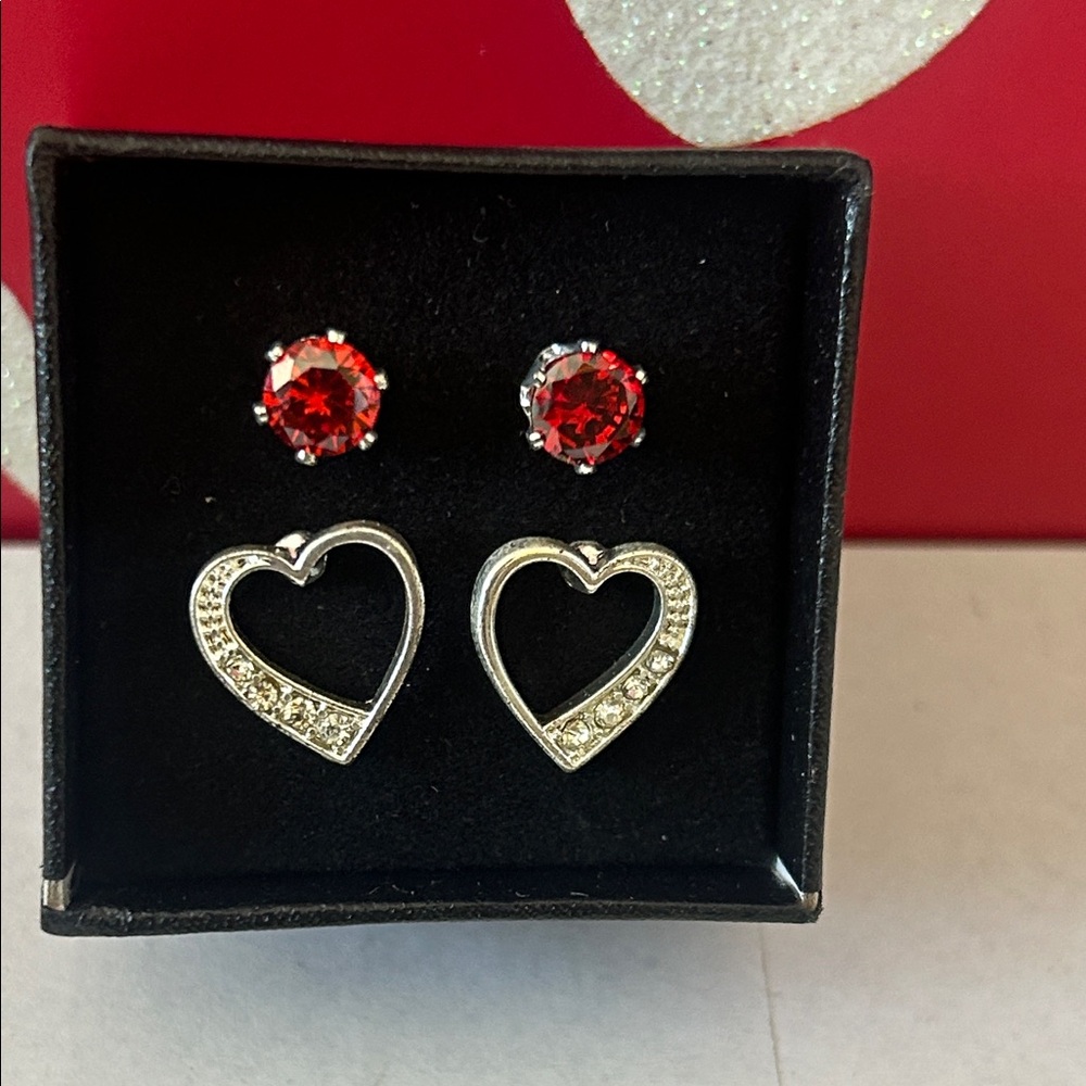Red Crystal Stud & Silver Heart Drop Earring Set